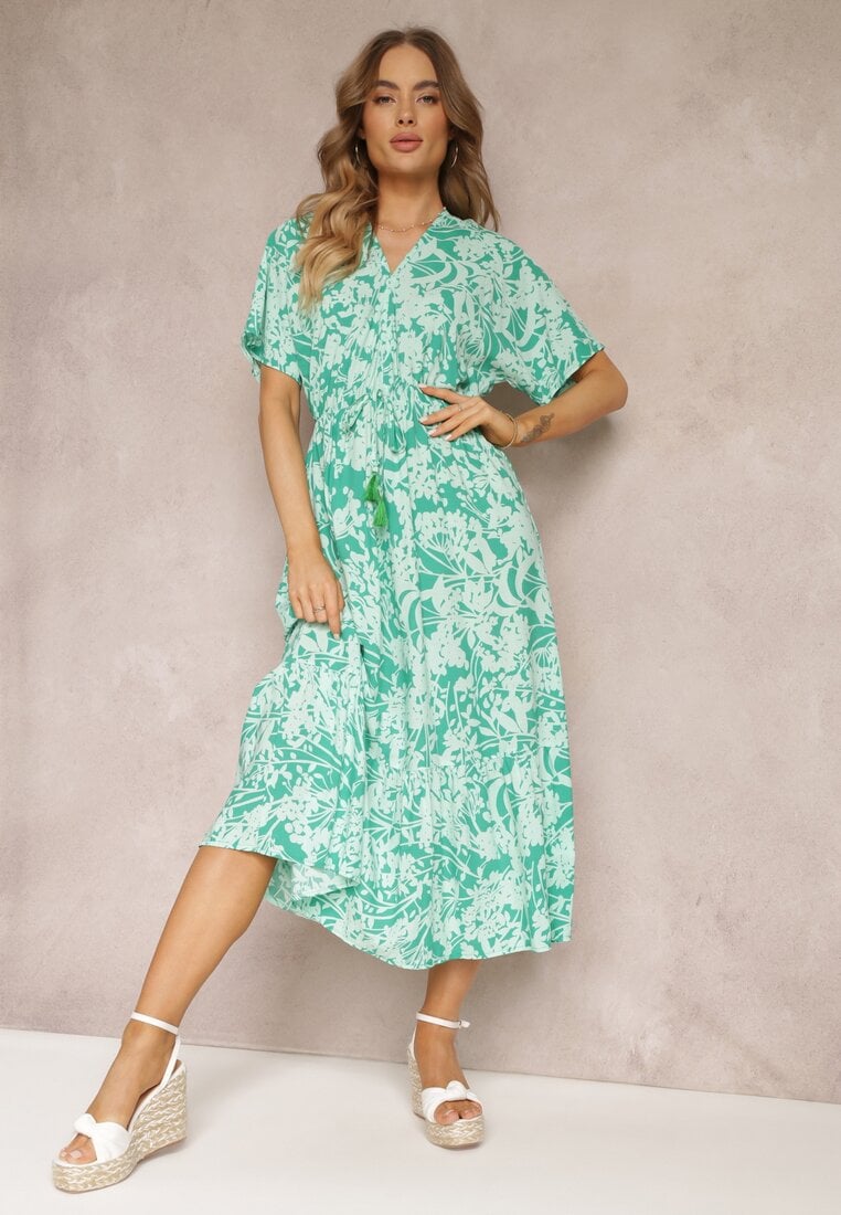 Rochie Cloș Verde Mentă Florală cu volan Humina