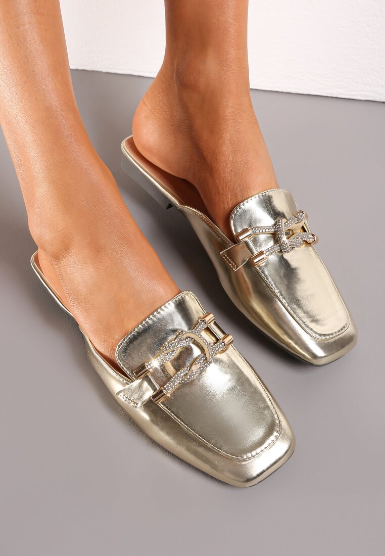 Papuci Mule Aurii cu Vârf Pătrat și Barete Cynamia