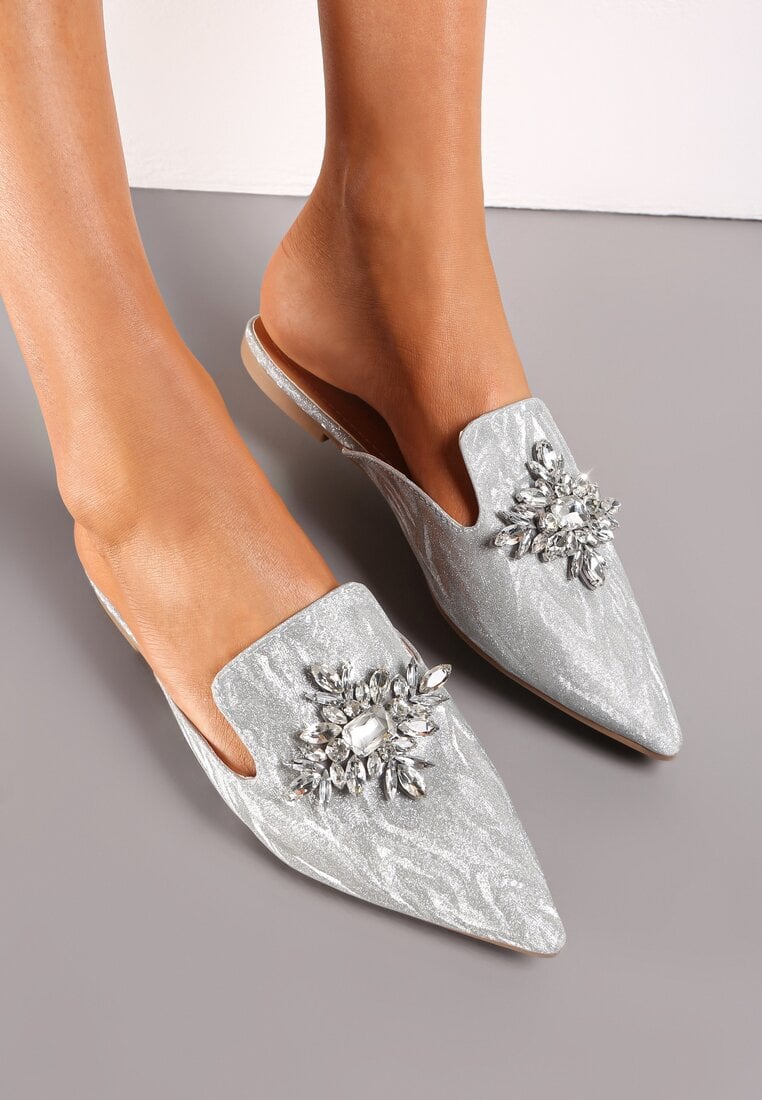 Papuci Mule Argintii Strălucitori cu Aplicație cu Zirconiu Ailline