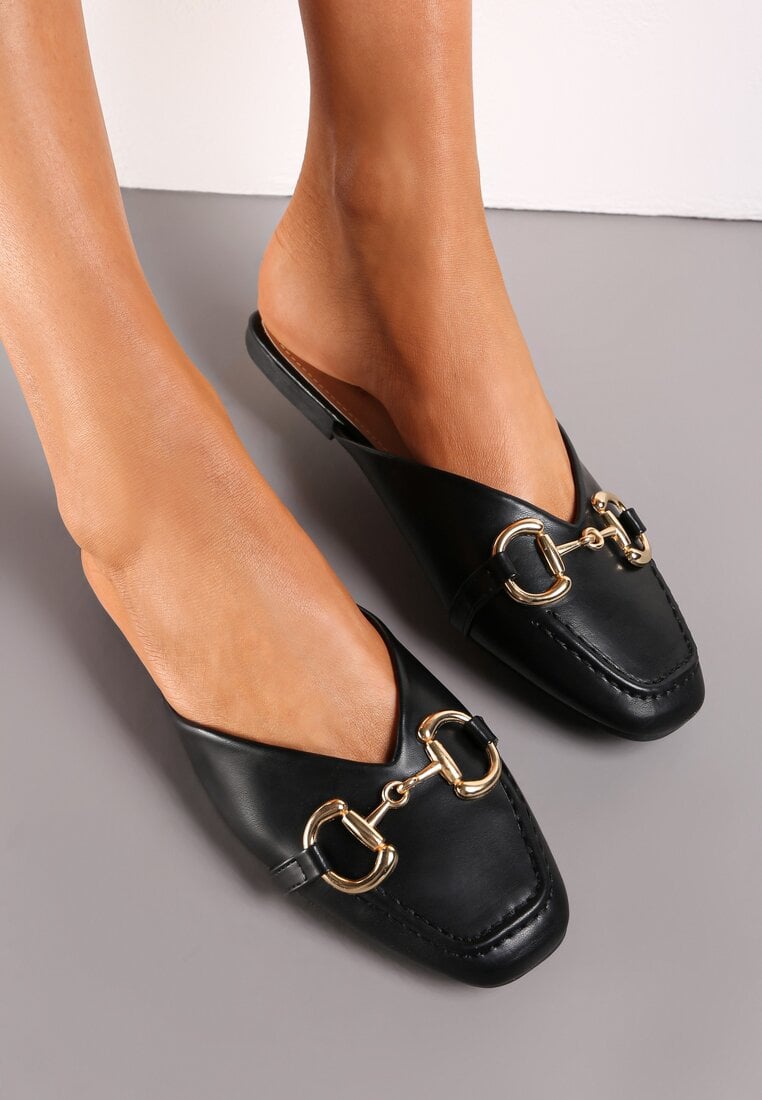 Papuci Negre Plate stil mocasin cu Lanț Titacia