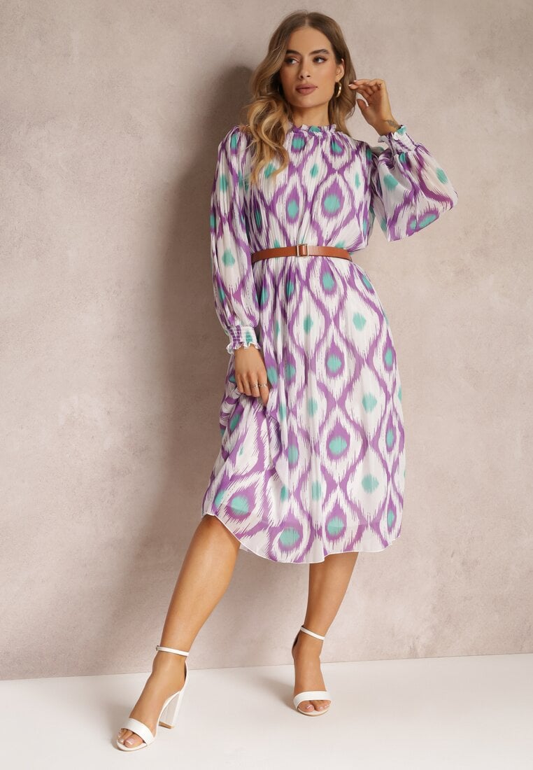 Rochie Mov Decorată cu Model și Plisare cu Cureaua Inclusă Bertina