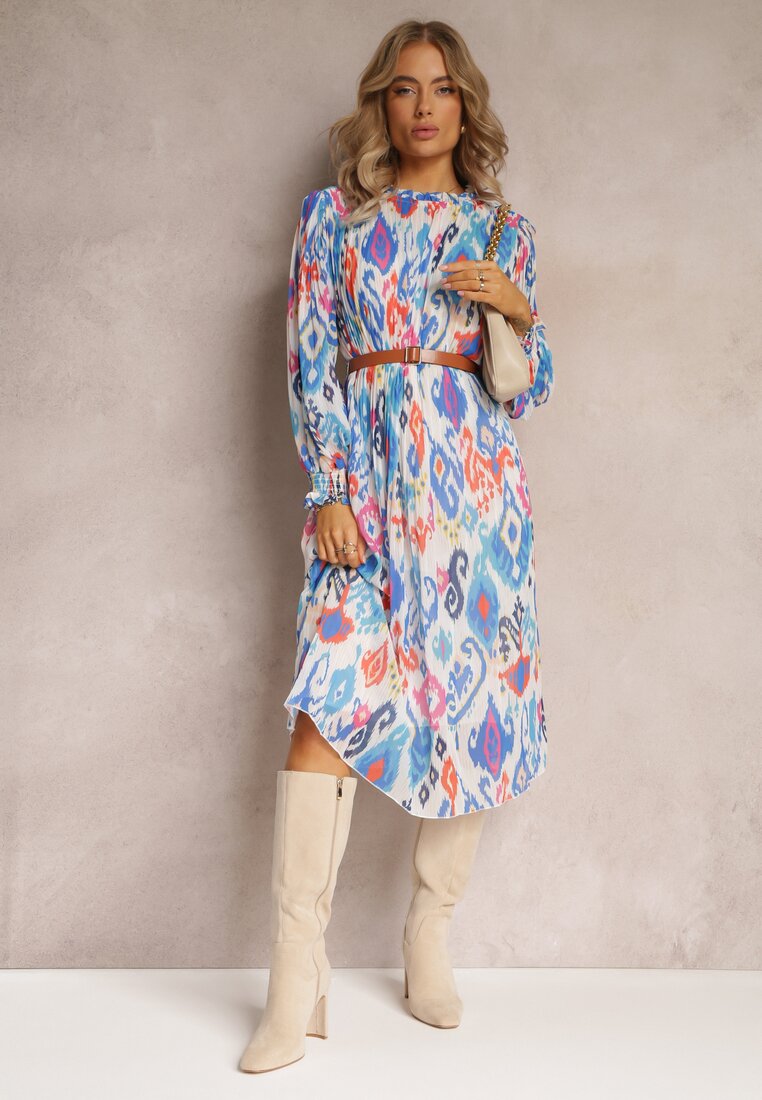 Rochie Albastră Evazată cu Plisare și Curea Thelosine