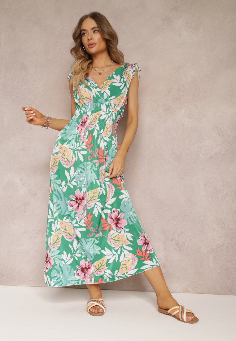 Rochie Verde cu flori cu elastic în talie Dionothy