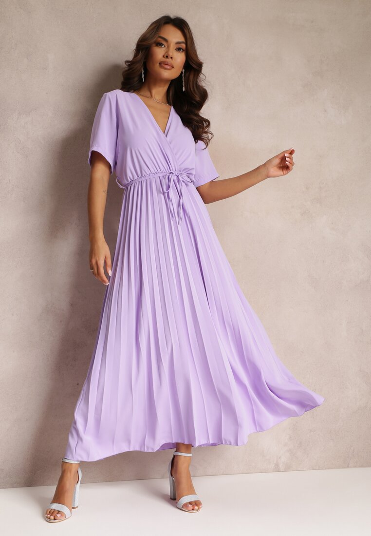 Rochie Evazată Plisată Violet cu cordon legat Eilemona
