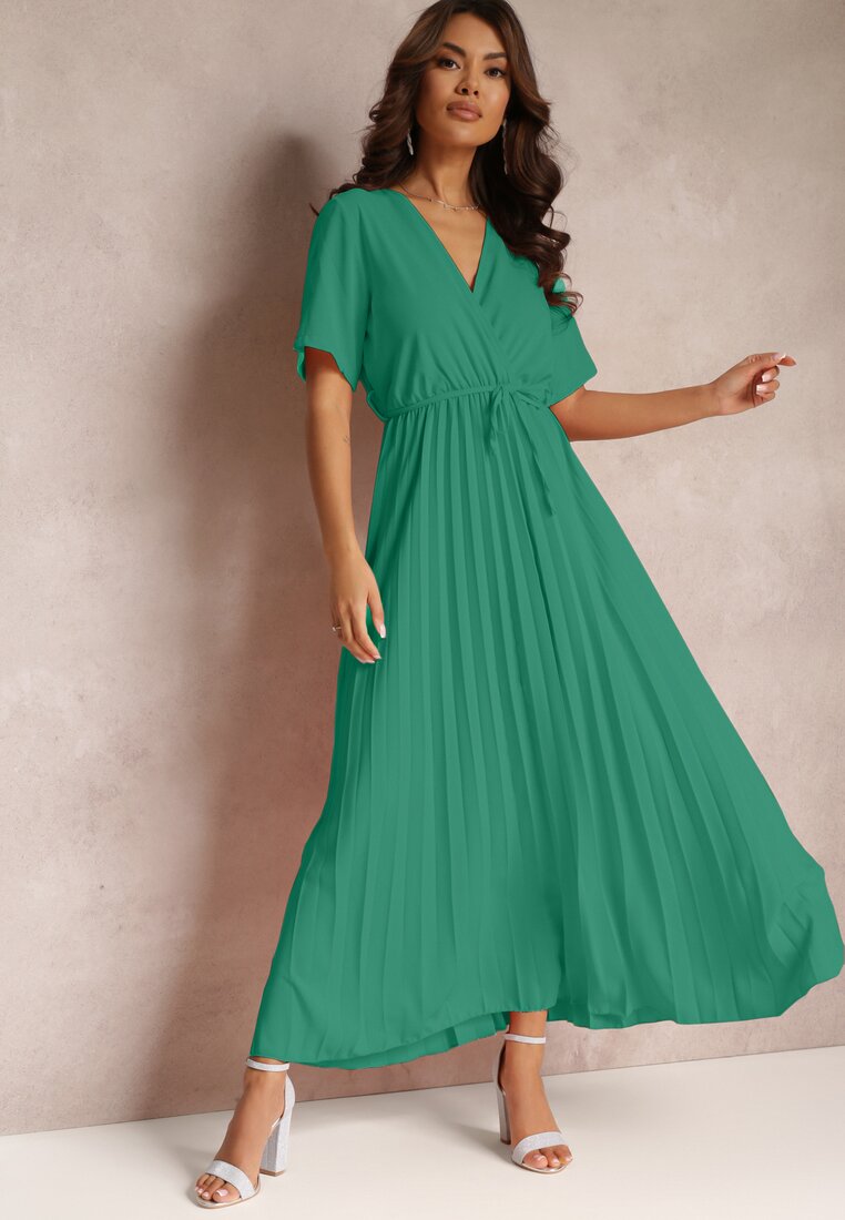 Rochie Verde Plisată Maxi cu Cordon Legat Dianiza