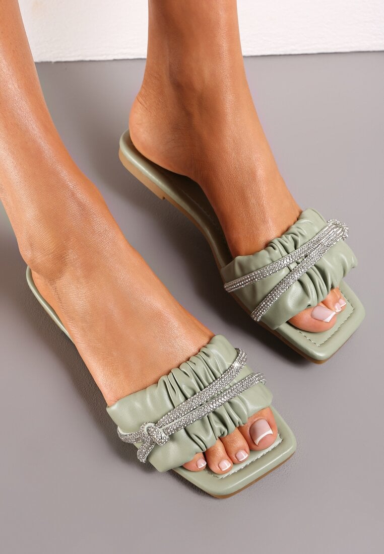 Papuci Verde cu vârf pătrat cu zirconii Jonze