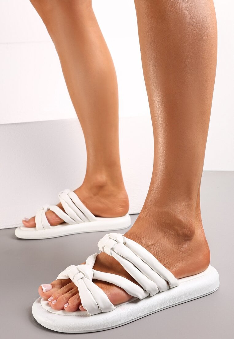 Papuci Albi cu Talpă Plată cu Barete Decorative Celest