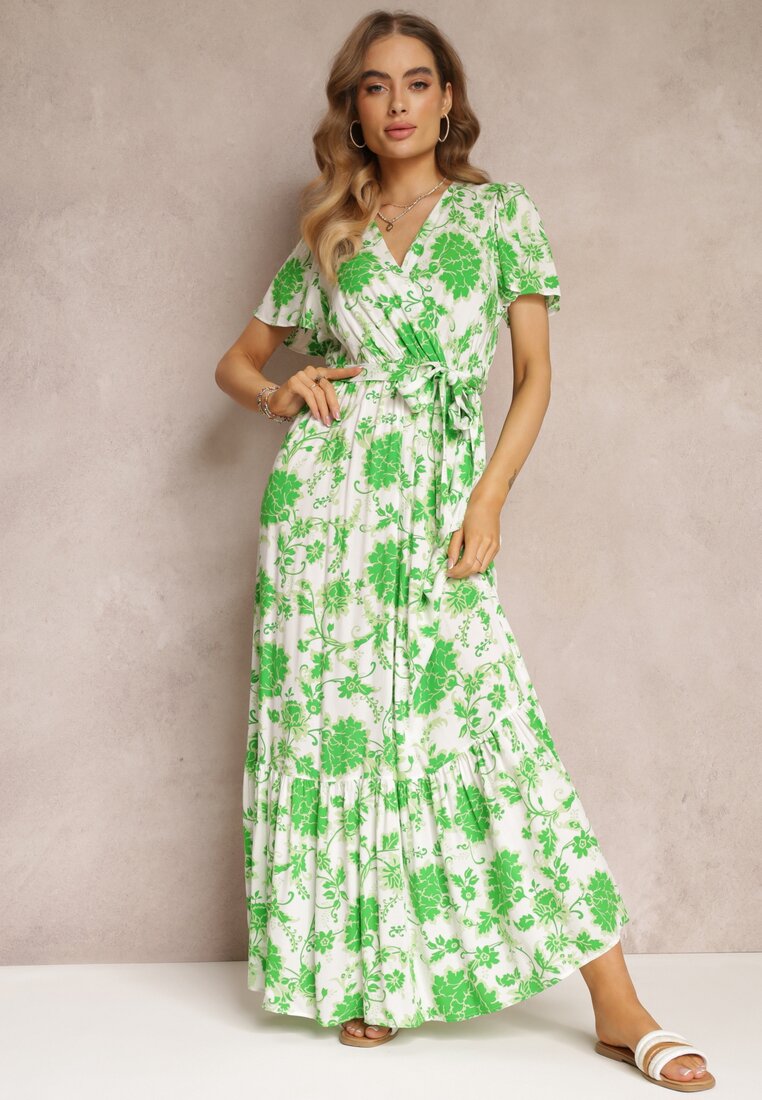 Rochie Verde Florală cu curea și elastic în talie din Viscoză Agletina