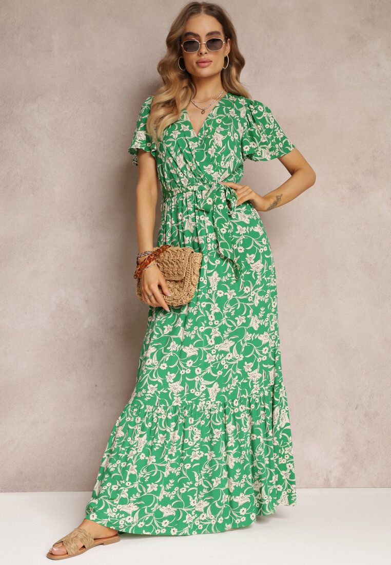 Rochie Verde Lungă cu imprimeu floral cu elastic în talie din viscoză Lydiza