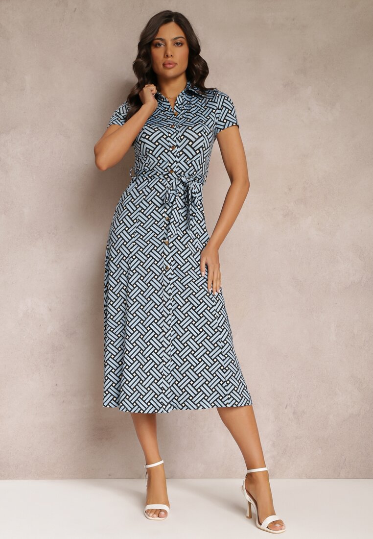 Rochie Albastră Geometrică Midi cu Guler și Curea din Material Mehisi