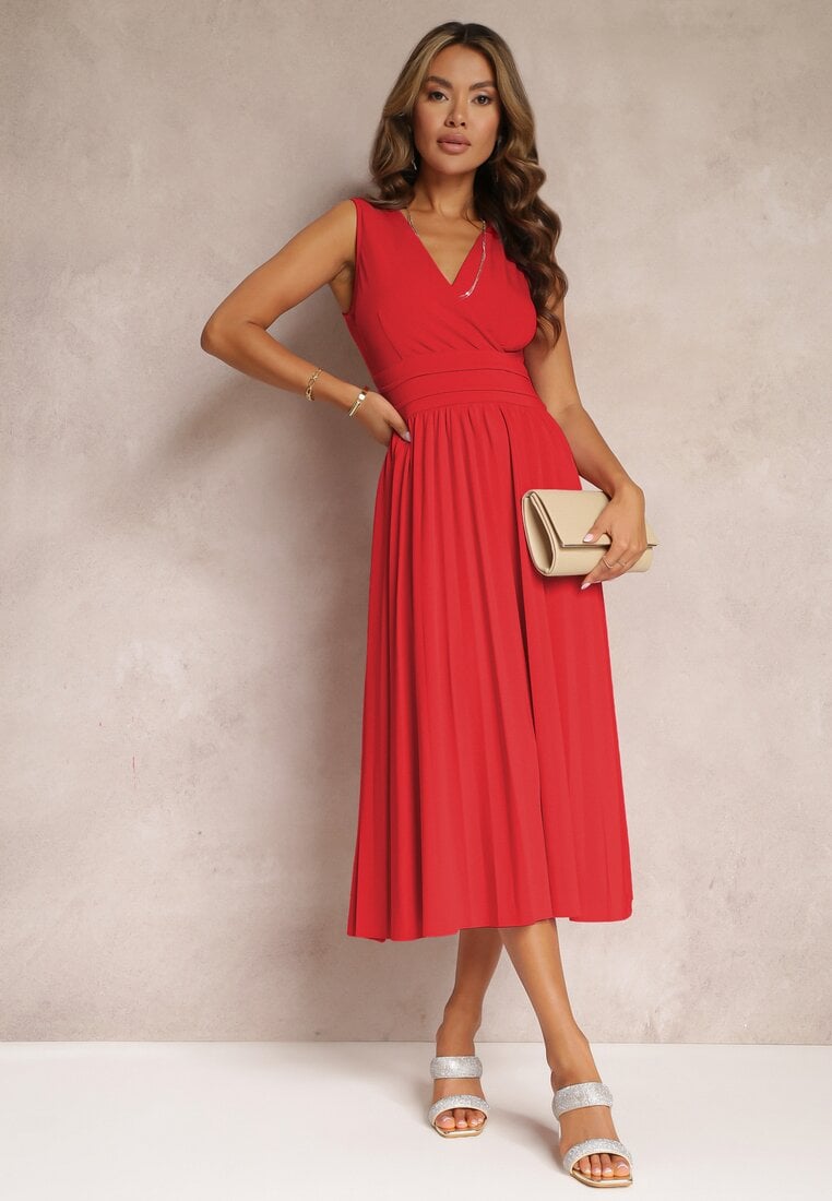 Rochie Roșie cu Decolteu Petrecut și Tiv Plisat Anamarie