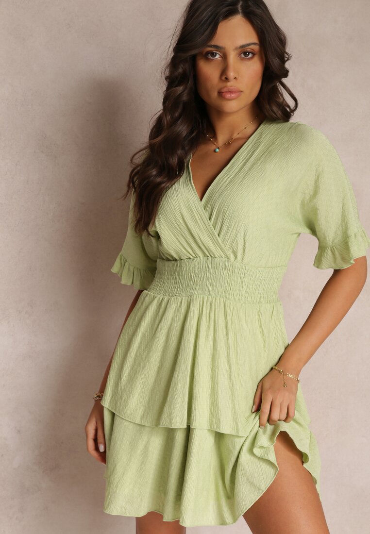 Rochie Verde Lejeră Mini cu Volane și Elastic Lat în Talie Olleanne