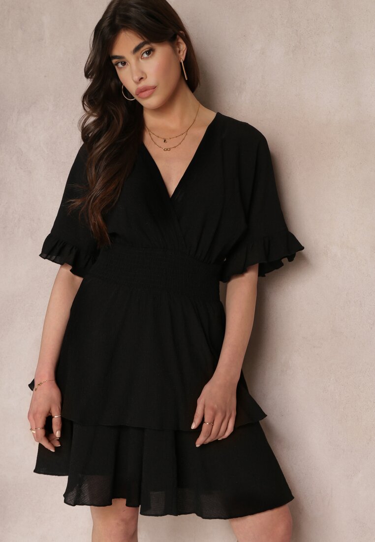 Rochie Neagră Lejeră Mini cu Volane și Elastic Lat în Talie Olleanne