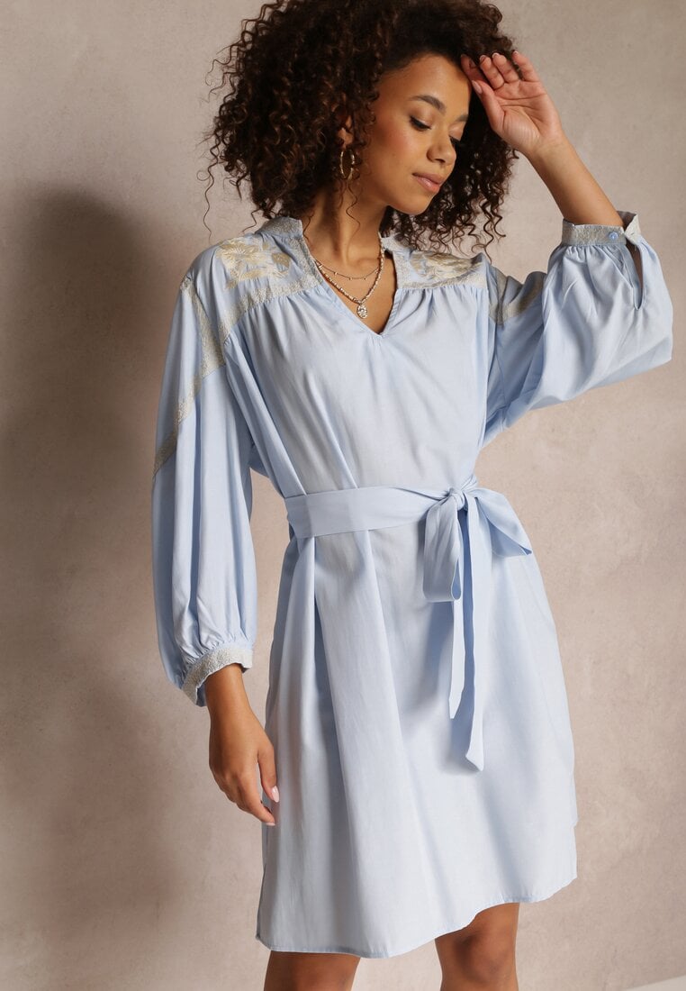 Rochie Mini Albastră Dreaptă cu Cordon Legat și Broderie Eudas