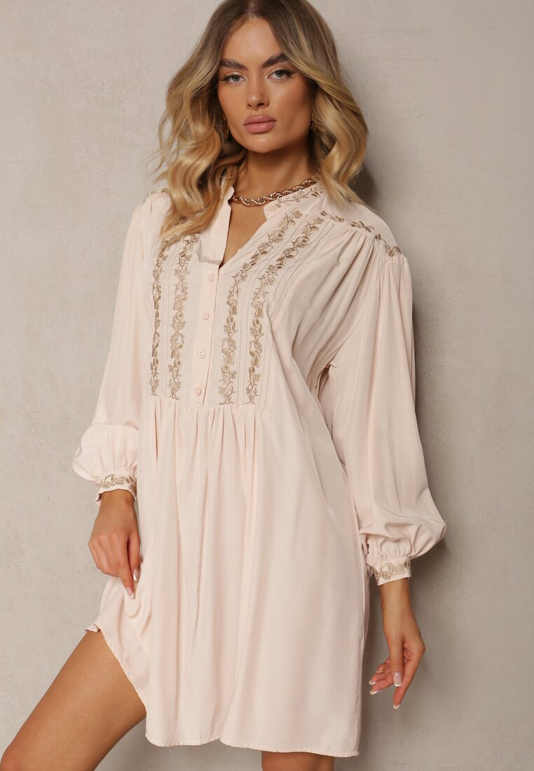 Rochie Bej Brodată Midi Croi Lărgit cu Mânecă Lungă Rosen