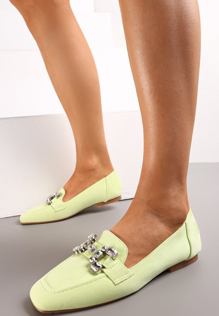 Mocasini Verzi din imitație de piele întoarsă cu curea decorativă cu cristale Sornia