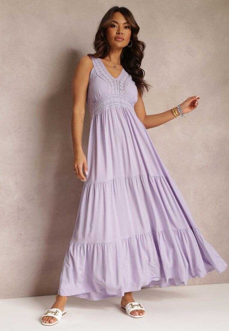 Rochie Violet Evazată Maxi cu Inserații Croșetate Ylivea