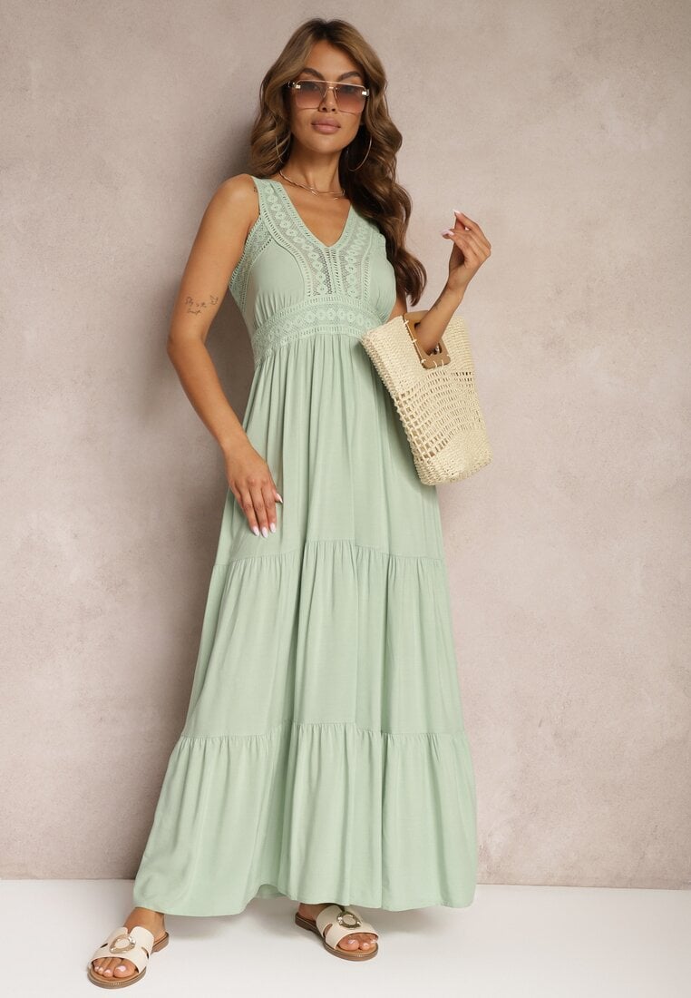 Rochie Verde Maxi cu Benzi Dantelate Fără Mâneci Jaemma