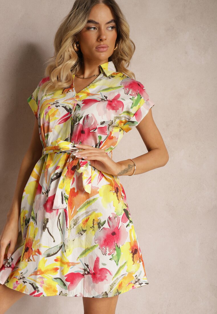 Rochie Mini Galben-Albă Evazată cu Guler și Mânecă Scurtă din Bumbac cu Flori Thatine