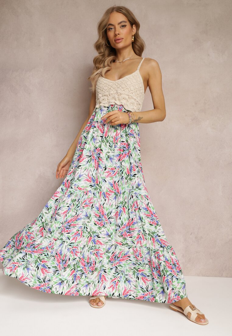 Rochie Verde Florală Maxi cu Bluză Croșetată și Bretele Subțiri din Vâscoză Zanidora