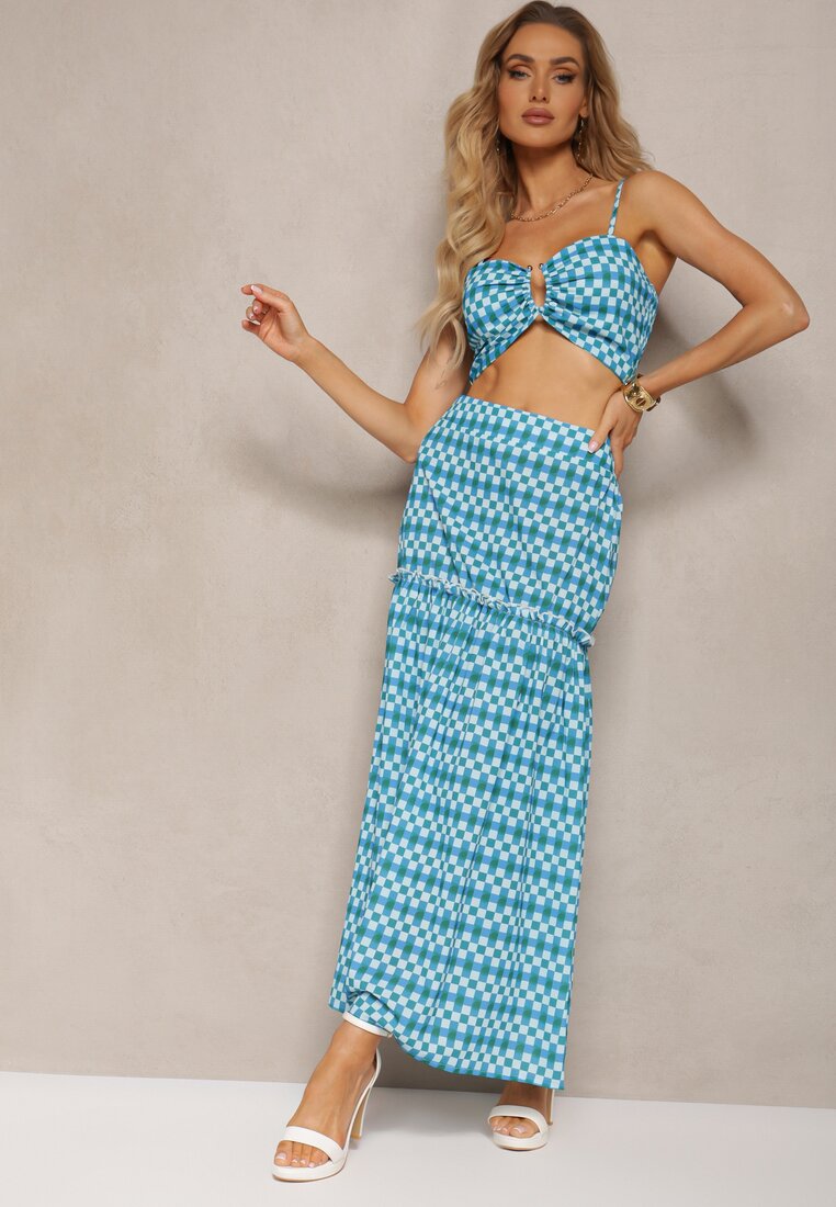 Set 2 piese Albastru Fustă evazată cu elastic în talie și Top scurt Janai