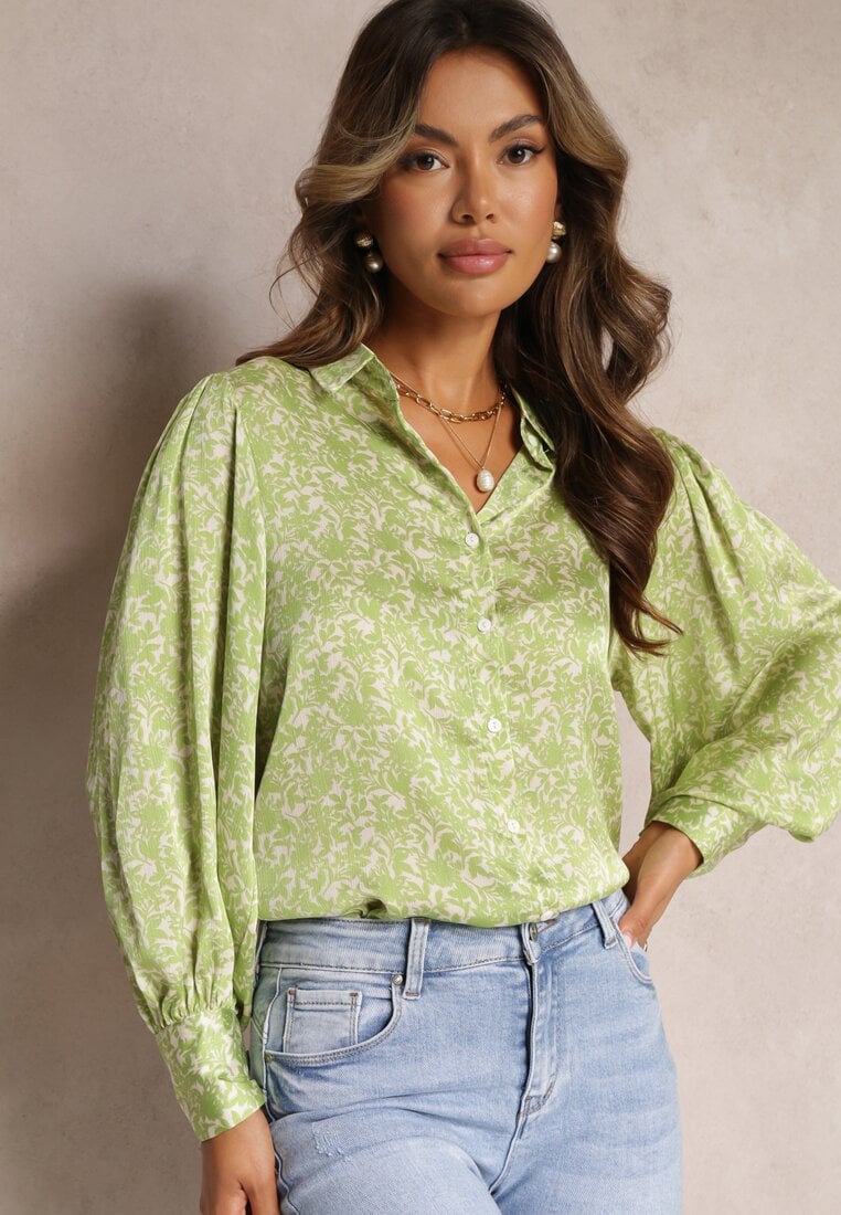 Cămașă Verde Florală cu Mâneci Bufante cu Manșetă Aris