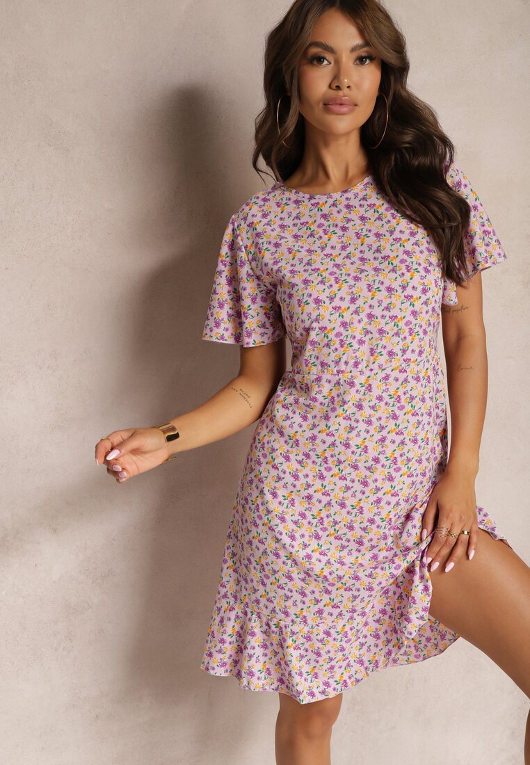 Rochie mov midi cu croială tip cutie cu flori Kimbr