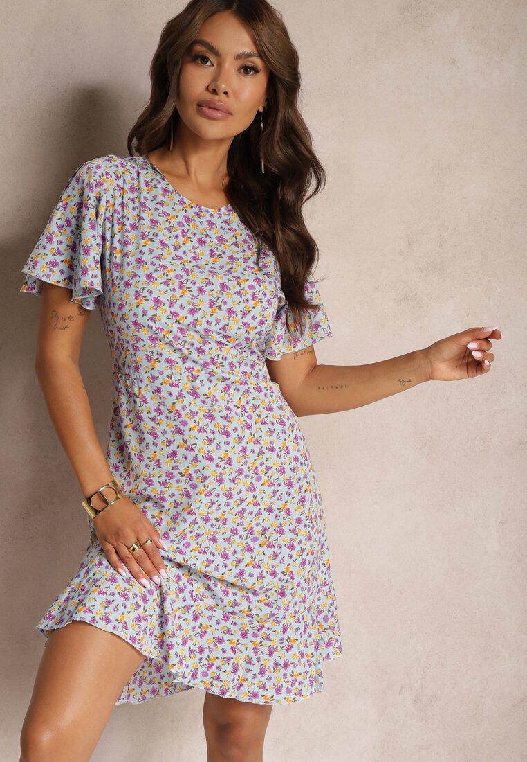 Rochie Albastră Midi cu croială tip cutie florală Kimbr