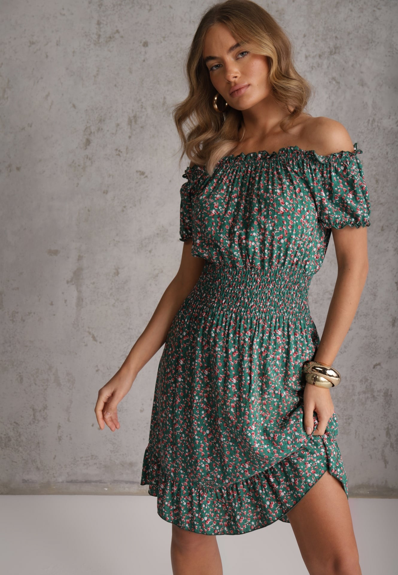 Rochie Verde din Bumbac cu elastic în talie stil spaniol Jazmi