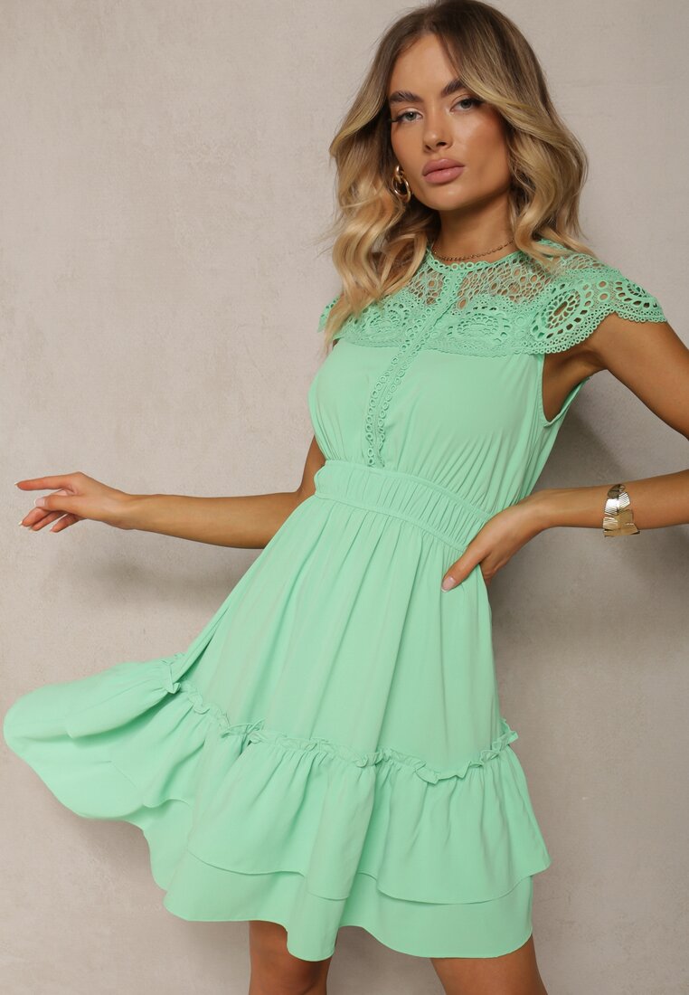 Rochie Cloș Verde Midi cu elastic în talie și decolteu din dantelă Panita