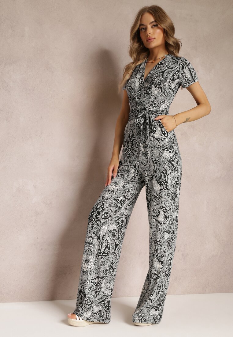 Salopetă Negru-Gri tip plic cu Picioare Lungi și Curea din Material Florală Lucianne