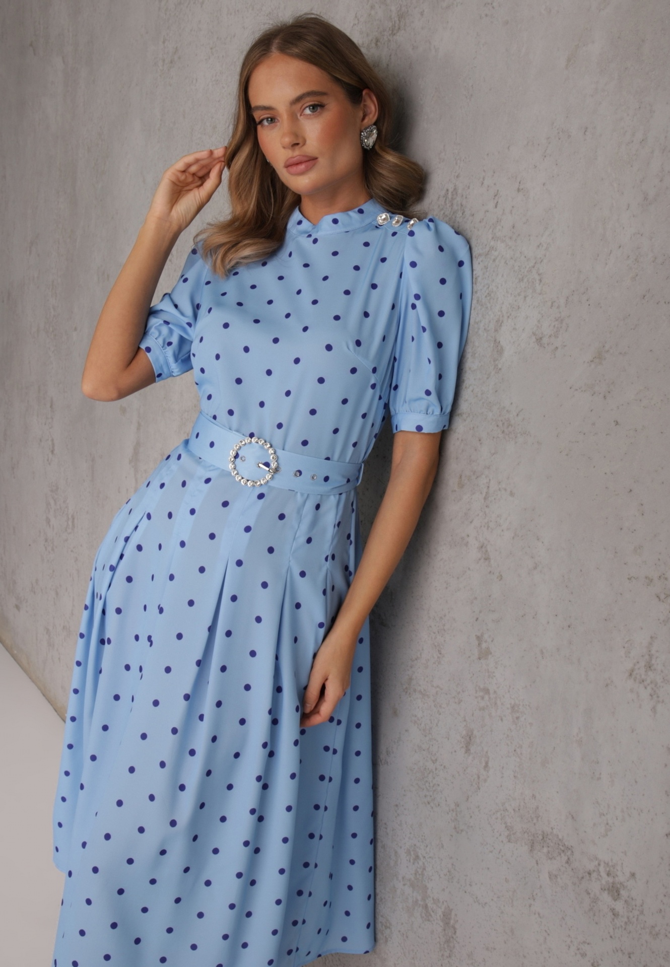 Rochie Albastră Evazată Midi cu Elastic în Talie și Curea Decorativă cu Cataramă Abennita