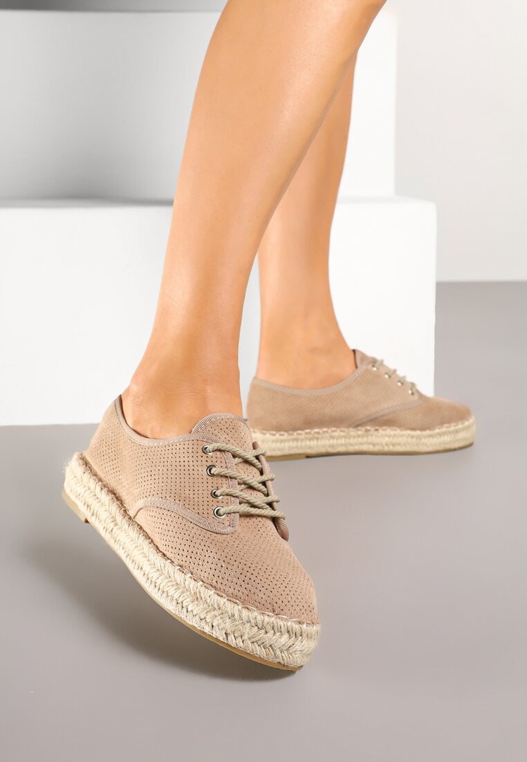 Tenisi bej închis cu talpă împletită decorați cu perforații Zolavira
