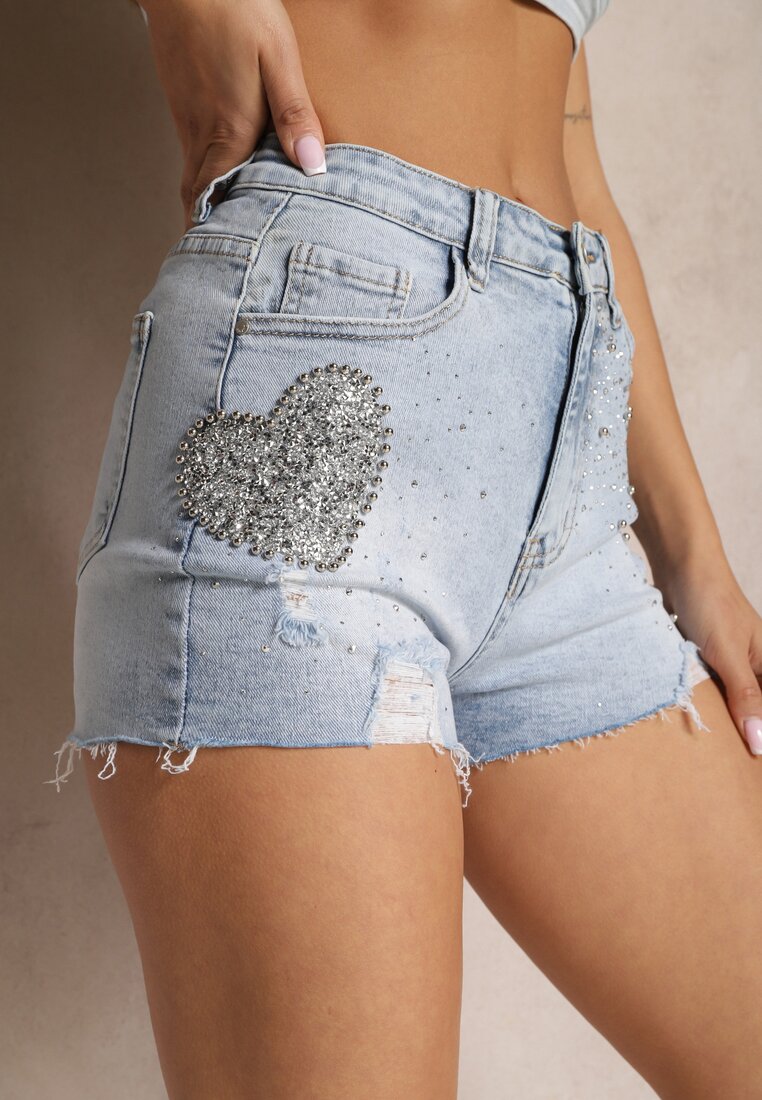 Pantaloni scurți din denim albaștri cu talie înaltă cu zirconii și rupturi Renpa