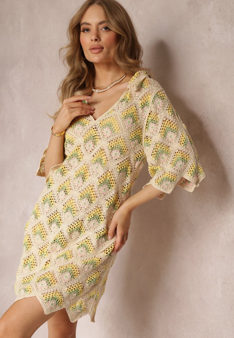 Rochie bej-verde croșetată cu decolteu adânc și mânecă scurtă din bumbac Achla