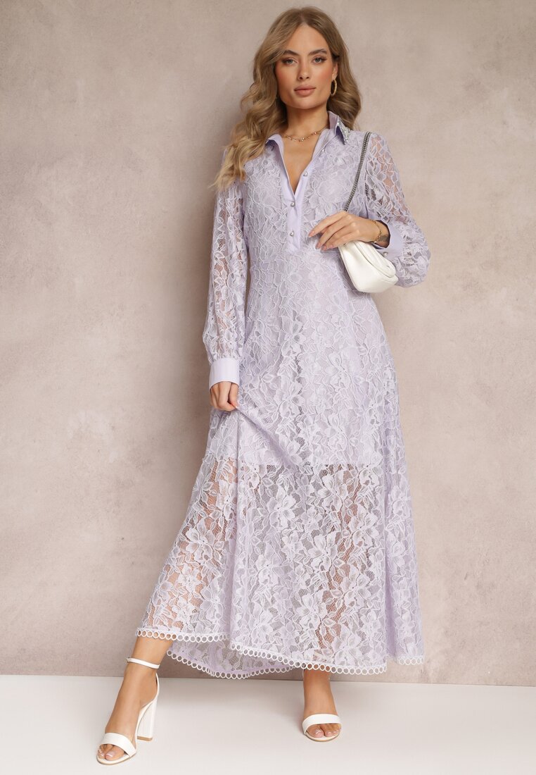 Rochie Cămașă Violetă Maxi cu Butoane Decorative și Zirconii din Țesătură de Dantelă Armina