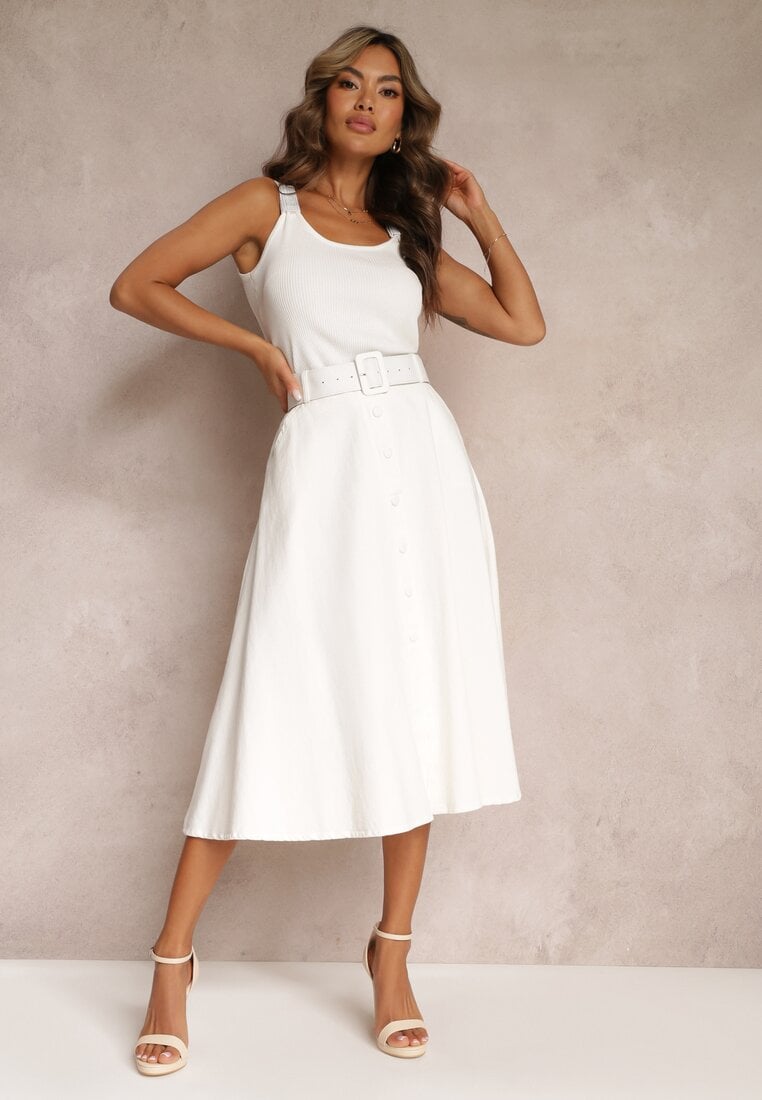 Fustă Albă Trapez Midi cu bază cloș și curea cu cataramă din bumbac Marydevi