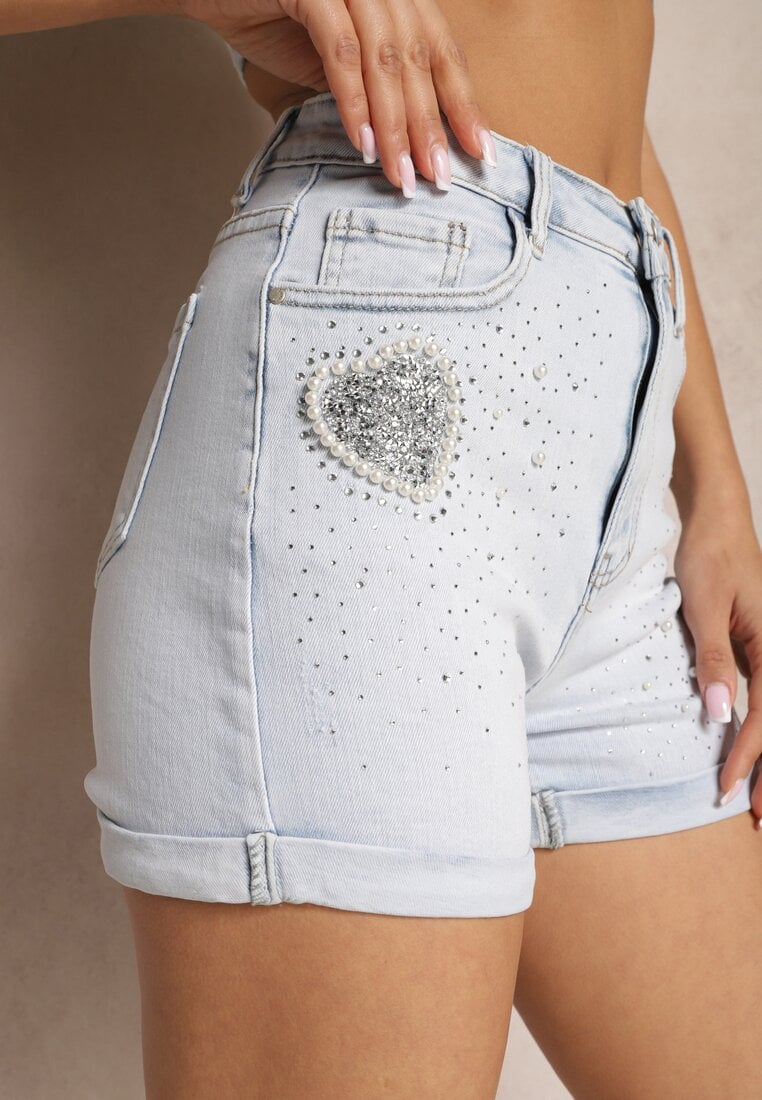 Pantaloni scurți albastri deschiși de blugi cu zirconii și perle Montse