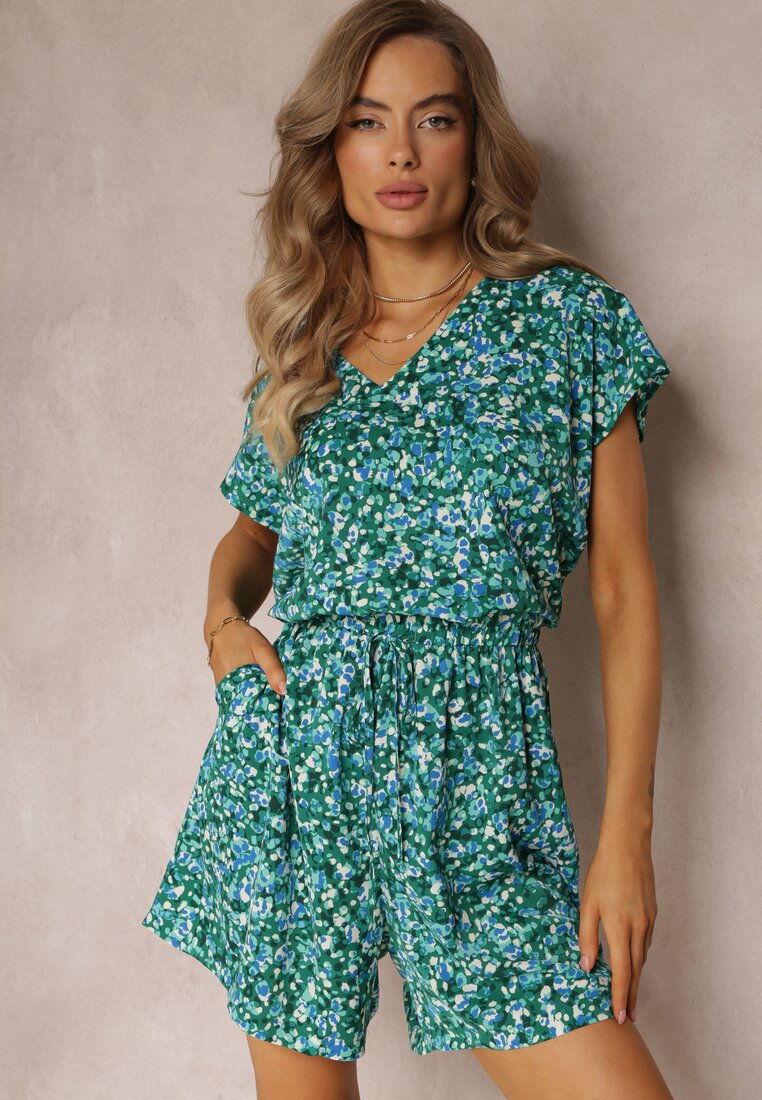 Salopetă Florală Verde cu mâneci scurte și pantaloni scurți Olyssa