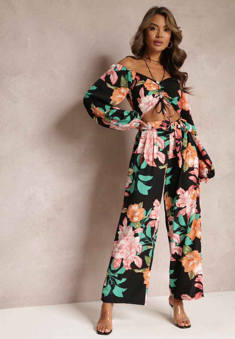 Set din 2 piese negru Bluză cu mâneci lungi Pantaloni largi cu elastic în talie floral Calaq