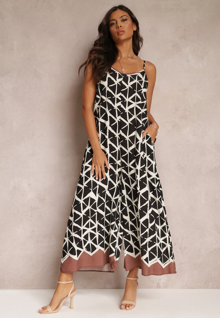 Salopetă Neagră Din Viscoză cu Imprimeu Geometric pe Bretele Evera