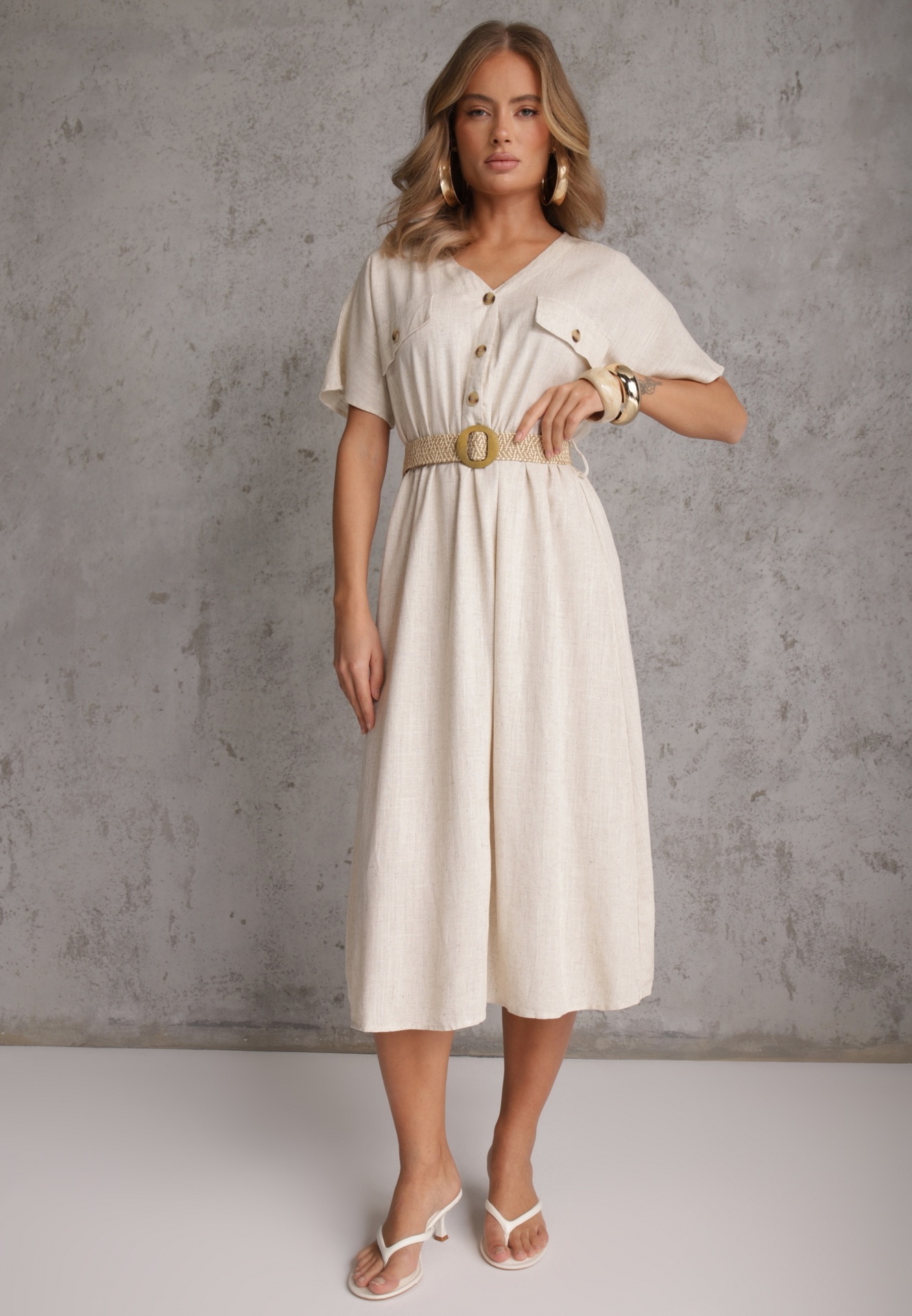 Rochie Bejă Stil Cămașă Midi din Bumbac cu Elastic în Talie și Curea Împletită Emera