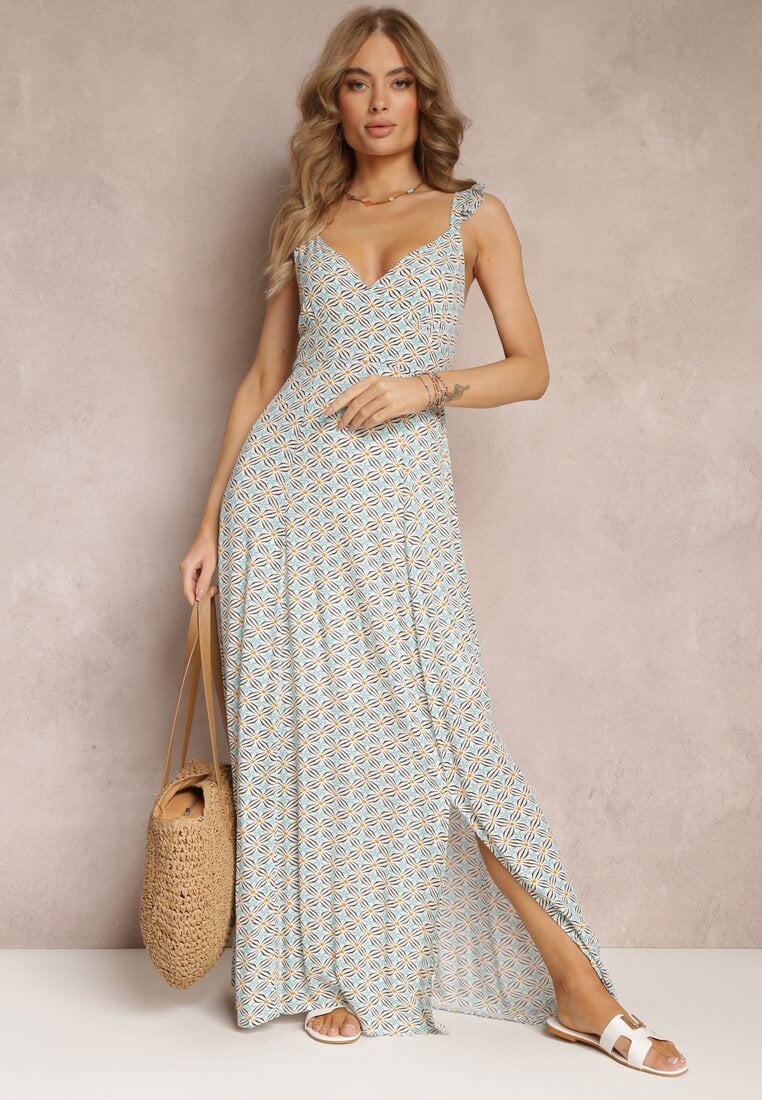 Rochie Maxi Cloche Albastră și Albă cu Bretele Decorative și Decolteu Adânc din Viscoză Jesa