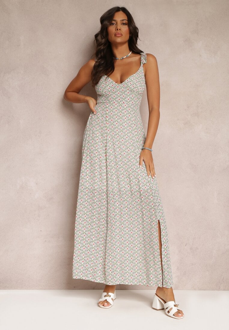 Rochie Verde-Albă Evazată Maxi cu Bretele Decorative și Decolteu Adânc din Viscoză Jesa