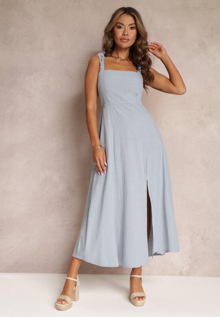 Rochie Cloche Albastră de Bumbac cu Decolteu Pătrat Trenna