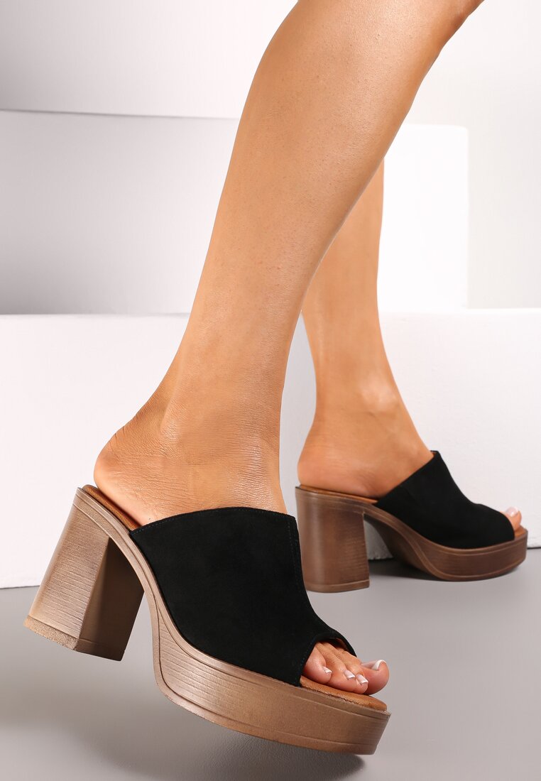 Papuci Negri cu Baretă Lată pe Toc Gros în Stil Saboți Sabirah