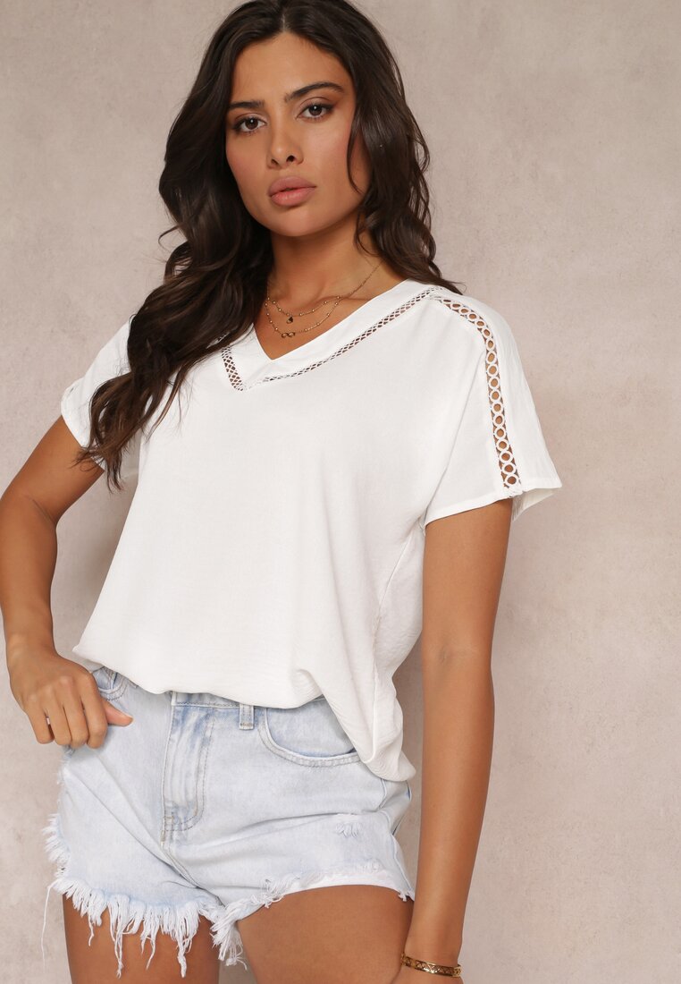 Bluză Evazată Albă cu Mâneci scurte și Benzi Ajurate Zaylor