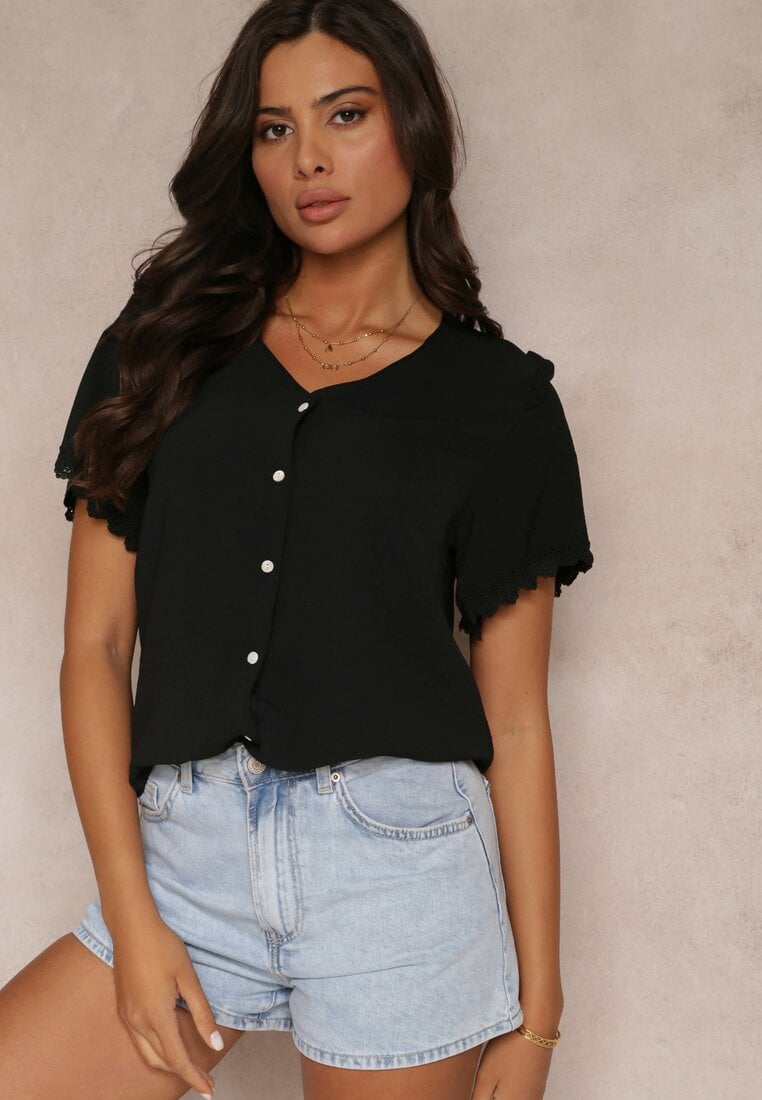 Cămașă Neagră cu Mânecă Scurtă și Dantelă la Umeri Bettia