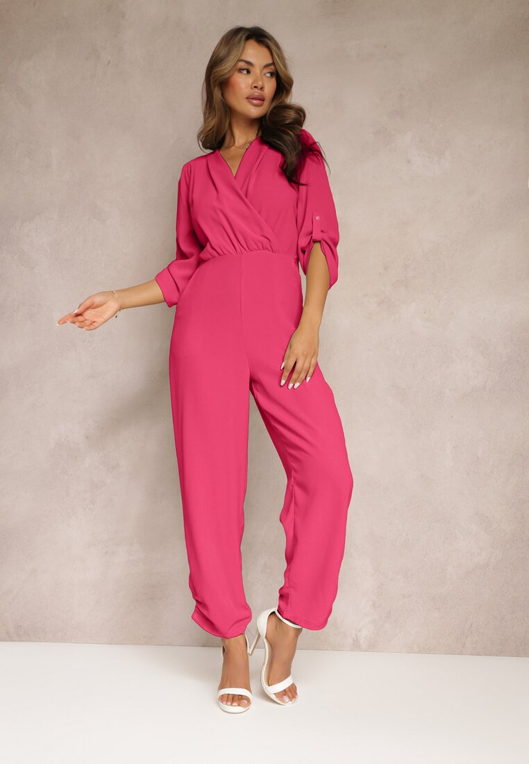 Salopetă lungă fucsia cu încrețituri și decolteu petrecut Jonitta