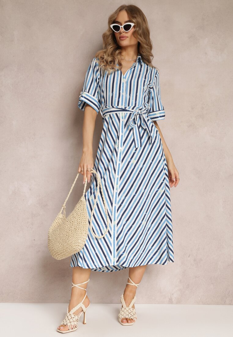 Rochie Cămașă Albastră Legată în talie Cu dungi Nastika